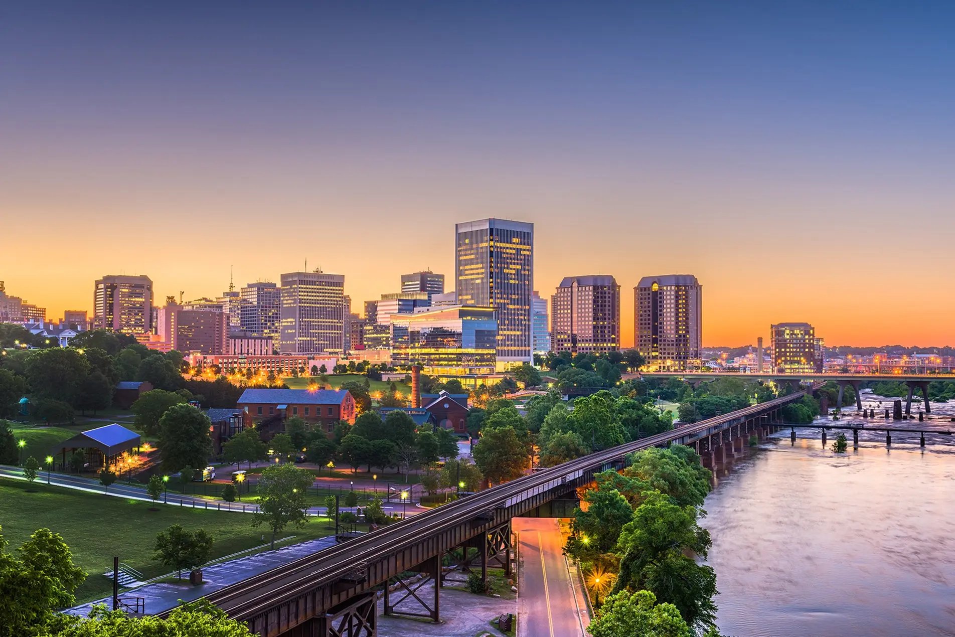 Richmond, Virginia skyline at sunset.